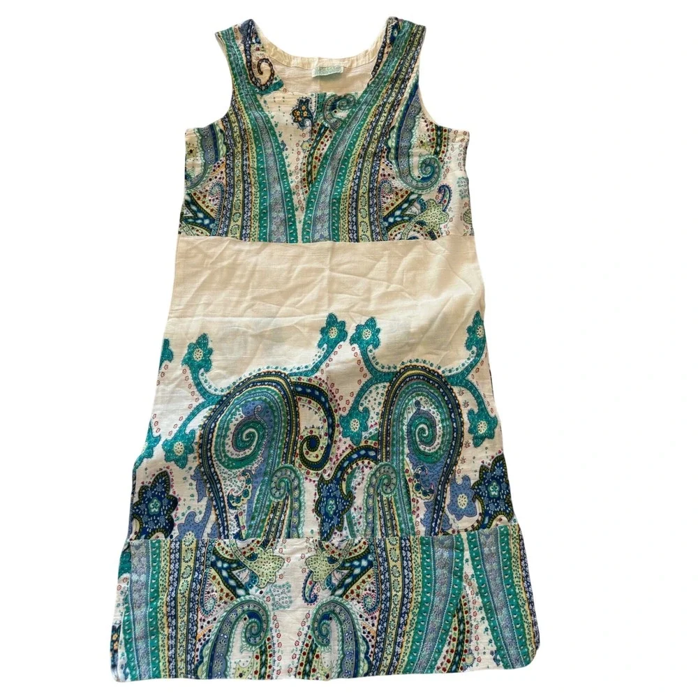 Marila Stile Italiano Vintage Paisley Shift Dress Medium Cream Teal Resortwear - Picture 1 of 5